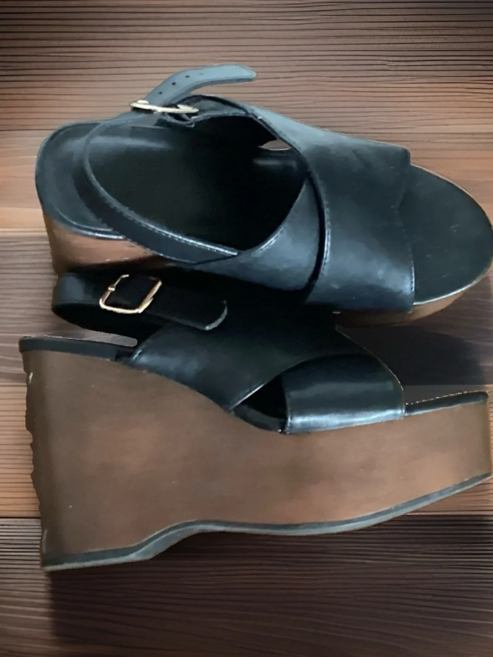 Black Platform Wedge Sandals with Brown Wedge - Women's